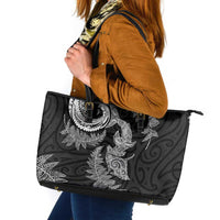 New Zealand Sea Animals with Maori Tribal Tattoo Leather Tote Bag Shark Manta Ray with Silver Fern Black LT03 Black - Polynesian Pride