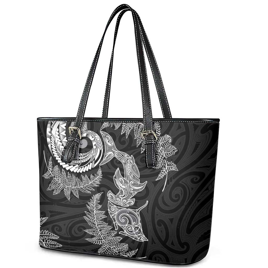 New Zealand Sea Animals with Maori Tribal Tattoo Leather Tote Bag Shark Manta Ray with Silver Fern Black LT03 - Polynesian Pride