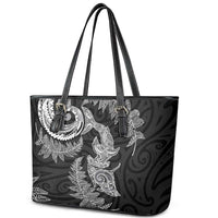 New Zealand Sea Animals with Maori Tribal Tattoo Leather Tote Bag Shark Manta Ray with Silver Fern Black LT03 - Polynesian Pride