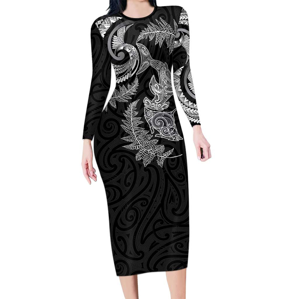 New Zealand Sea Animals with Maori Tribal Tattoo Long Sleeve Bodycon Dress Shark Manta Ray with Silver Fern Black