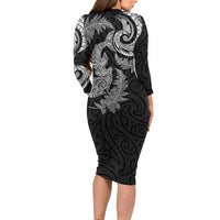New Zealand Sea Animals with Maori Tribal Tattoo Long Sleeve Bodycon Dress Shark Manta Ray with Silver Fern Black LT03 - Polynesian Pride