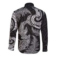 New Zealand Sea Animals with Maori Tribal Tattoo Long Sleeve Button Shirt Shark Manta Ray with Silver Fern Black LT03 - Polynesian Pride