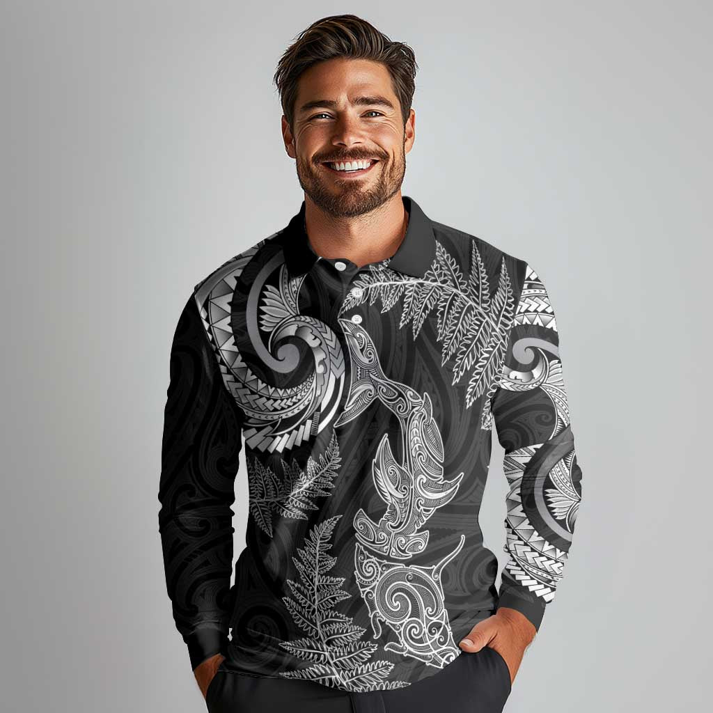 New Zealand Sea Animals with Maori Tribal Tattoo Long Sleeve Polo Shirt Shark Manta Ray with Silver Fern Black LT03 - Polynesian Pride