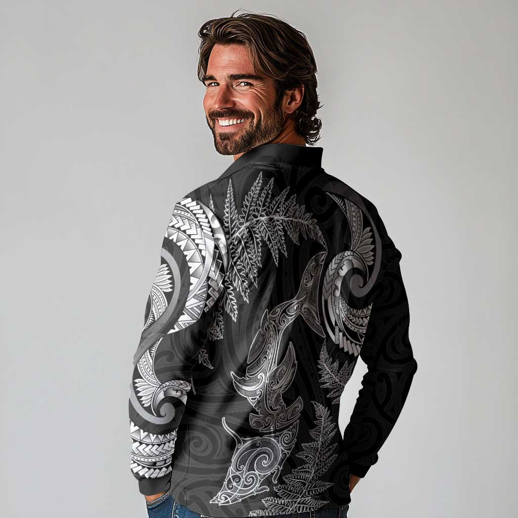 New Zealand Sea Animals with Maori Tribal Tattoo Long Sleeve Polo Shirt Shark Manta Ray with Silver Fern Black LT03 - Polynesian Pride