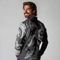 New Zealand Sea Animals with Maori Tribal Tattoo Long Sleeve Polo Shirt Shark Manta Ray with Silver Fern Black LT03 - Polynesian Pride