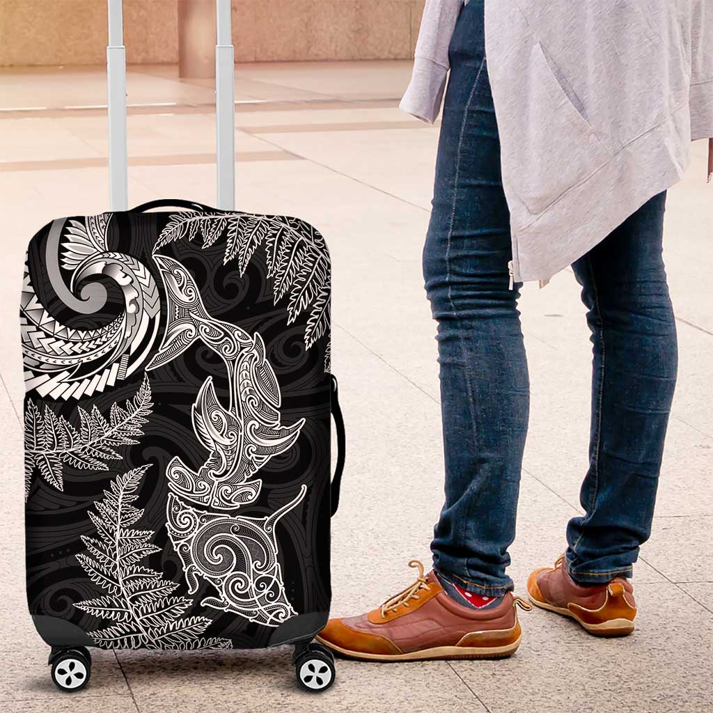 New Zealand Sea Animals with Maori Tribal Tattoo Luggage Cover Shark Manta Ray with Silver Fern Black LT03 Black - Polynesian Pride
