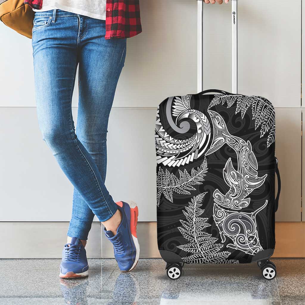 New Zealand Sea Animals with Maori Tribal Tattoo Luggage Cover Shark Manta Ray with Silver Fern Black LT03 - Polynesian Pride
