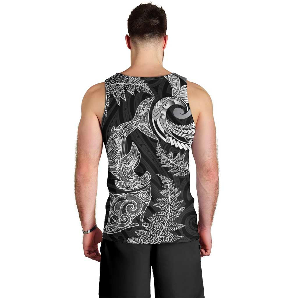 New Zealand Sea Animals with Maori Tribal Tattoo Men Tank Top Shark Manta Ray with Silver Fern Black LT03 - Polynesian Pride