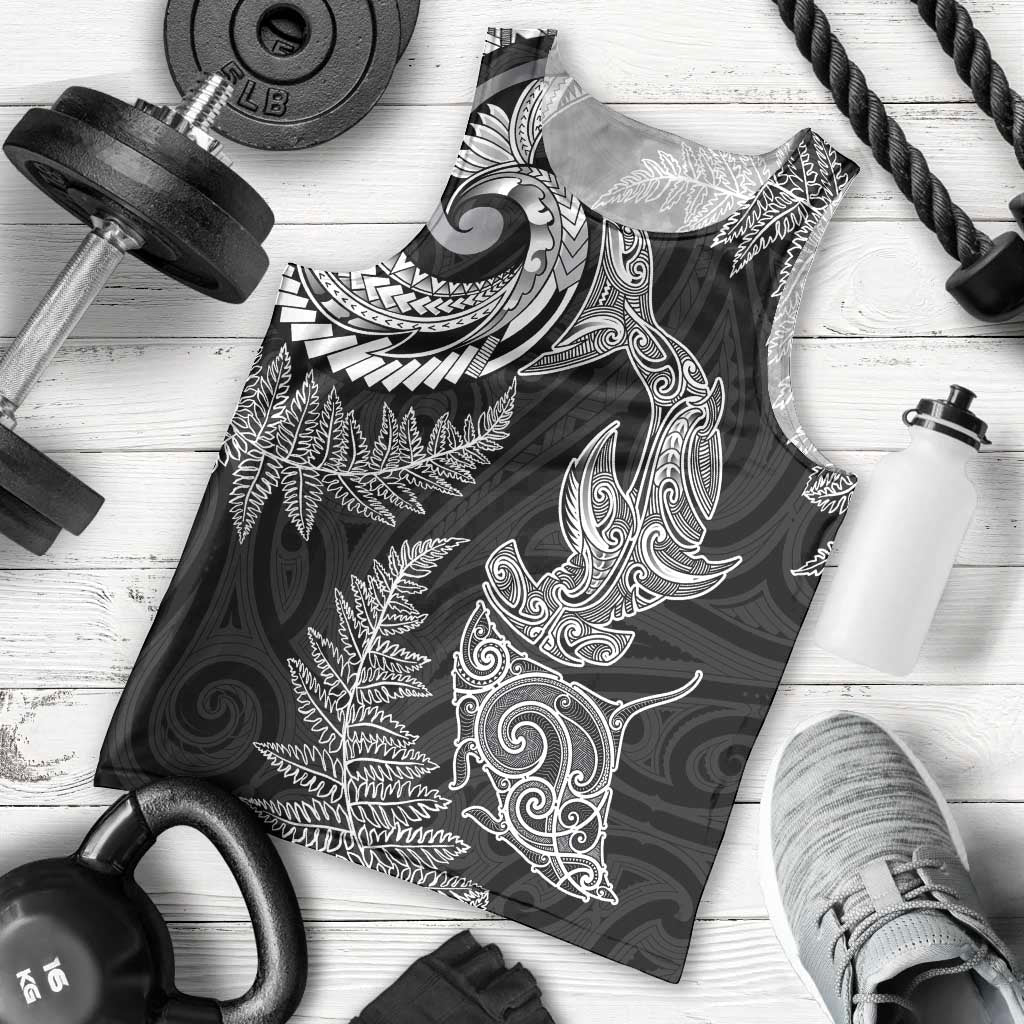 New Zealand Sea Animals with Maori Tribal Tattoo Men Tank Top Shark Manta Ray with Silver Fern Black LT03 - Polynesian Pride