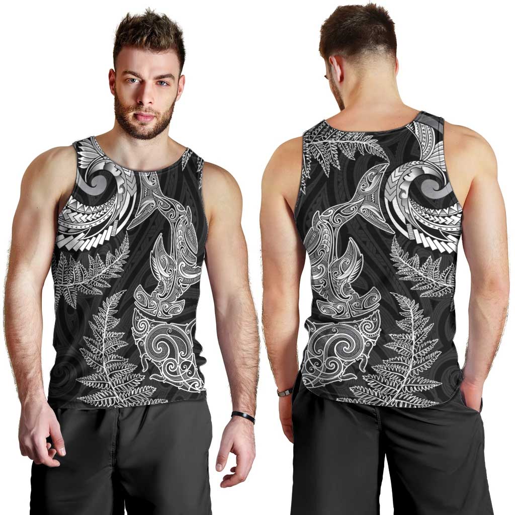 New Zealand Sea Animals with Maori Tribal Tattoo Men Tank Top Shark Manta Ray with Silver Fern Black LT03 - Polynesian Pride