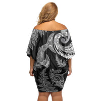 New Zealand Sea Animals with Maori Tribal Tattoo Off Shoulder Short Dress Shark Manta Ray with Silver Fern Black LT03 - Polynesian Pride