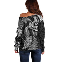 New Zealand Sea Animals with Maori Tribal Tattoo Off Shoulder Sweater Shark Manta Ray with Silver Fern Black LT03 - Polynesian Pride