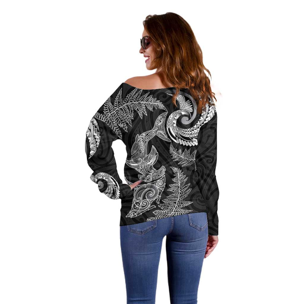 New Zealand Sea Animals with Maori Tribal Tattoo Off Shoulder Sweater Shark Manta Ray with Silver Fern Black LT03 - Polynesian Pride