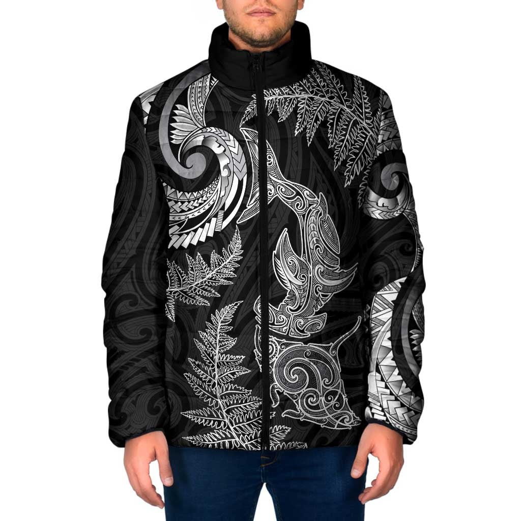 New Zealand Sea Animals with Maori Tribal Tattoo Padded Jacket Shark Manta Ray with Silver Fern Black LT03 Men Black - Polynesian Pride