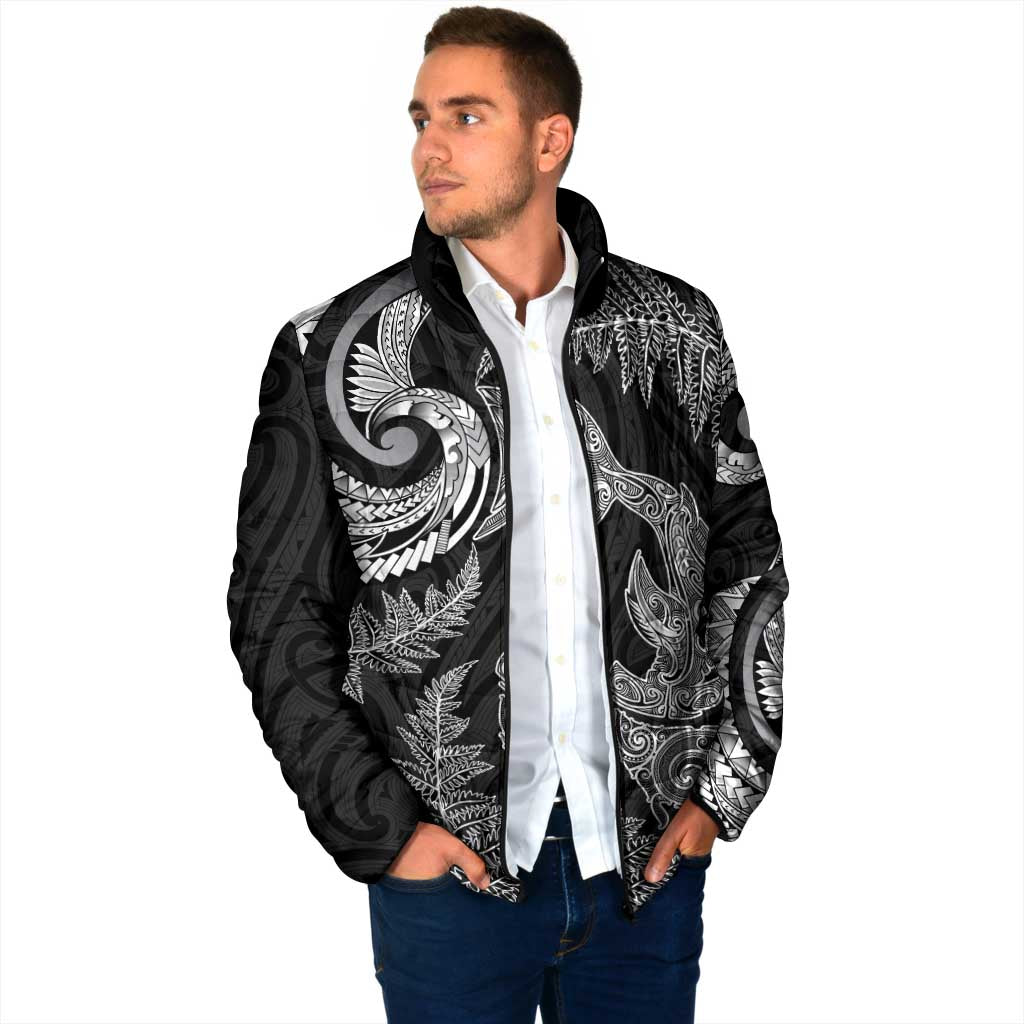 New Zealand Sea Animals with Maori Tribal Tattoo Padded Jacket Shark Manta Ray with Silver Fern Black LT03 - Polynesian Pride