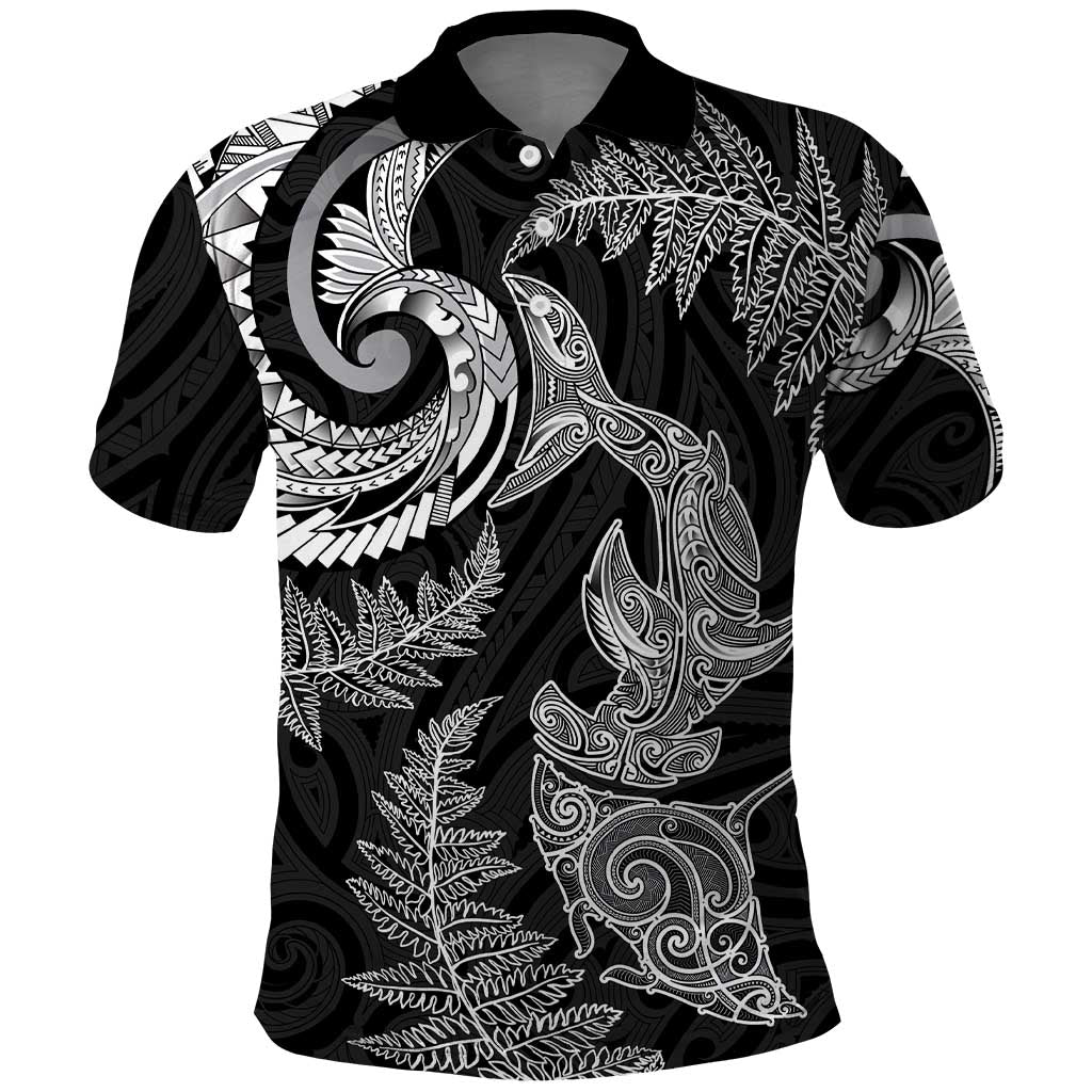 New Zealand Sea Animals with Maori Tribal Tattoo Polo Shirt Shark Manta Ray with Silver Fern Black LT03 Black - Polynesian Pride