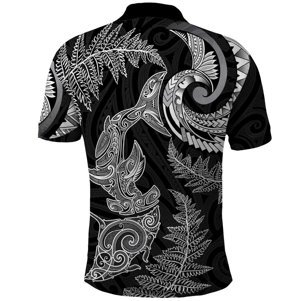 New Zealand Sea Animals with Maori Tribal Tattoo Polo Shirt Shark Manta Ray with Silver Fern Black LT03 - Polynesian Pride