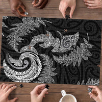 New Zealand Sea Animals with Maori Tribal Tattoo Puzzle Shark Manta Ray with Silver Fern Black LT03 - Polynesian Pride