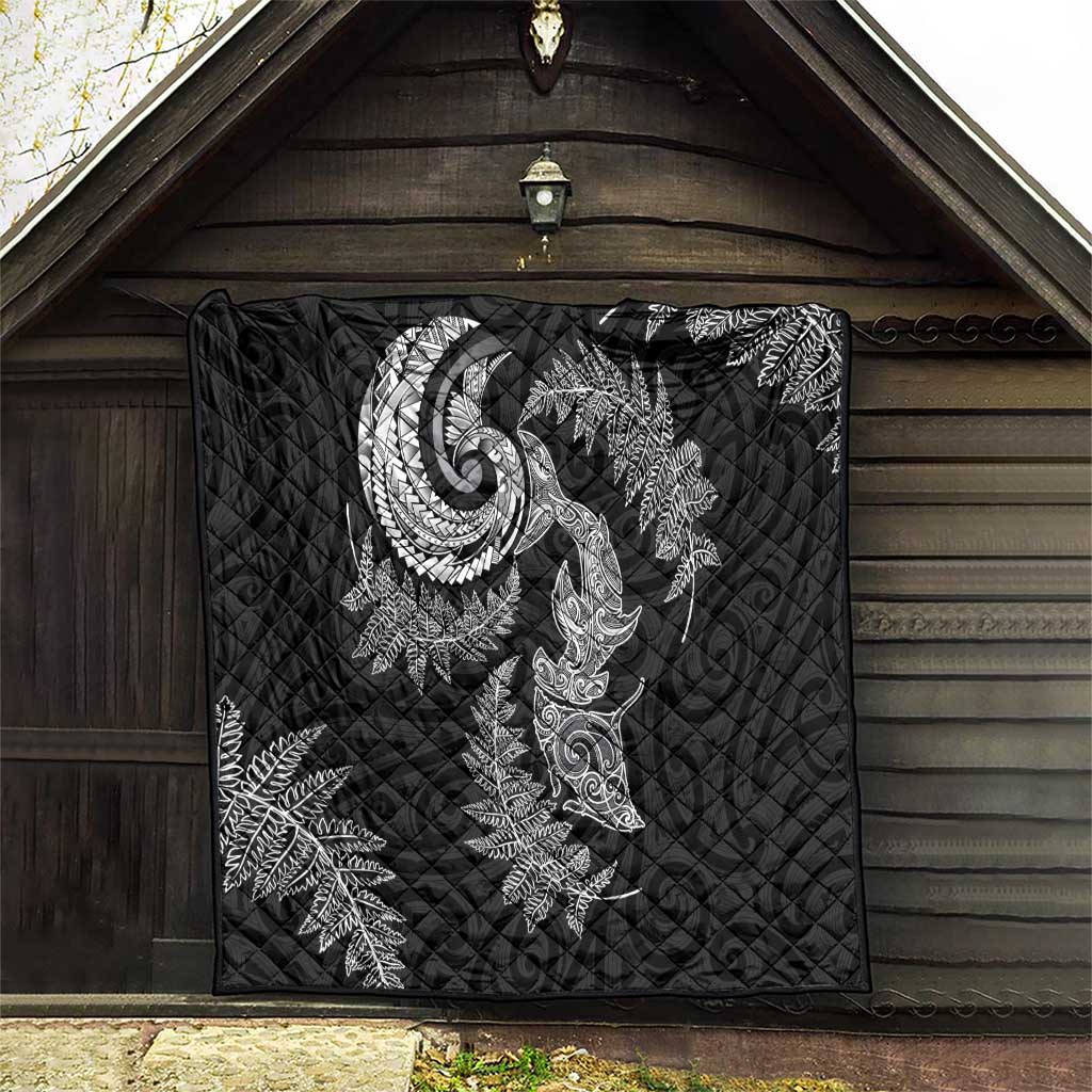 New Zealand Sea Animals with Maori Tribal Tattoo Quilt Shark Manta Ray with Silver Fern Black LT03 - Polynesian Pride