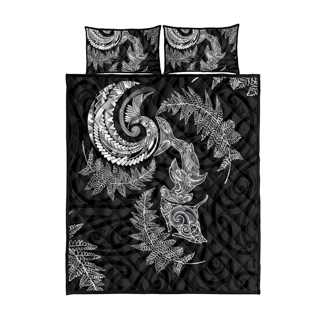 New Zealand Sea Animals with Maori Tribal Tattoo Quilt Bed Set Shark Manta Ray with Silver Fern Black LT03 - Polynesian Pride