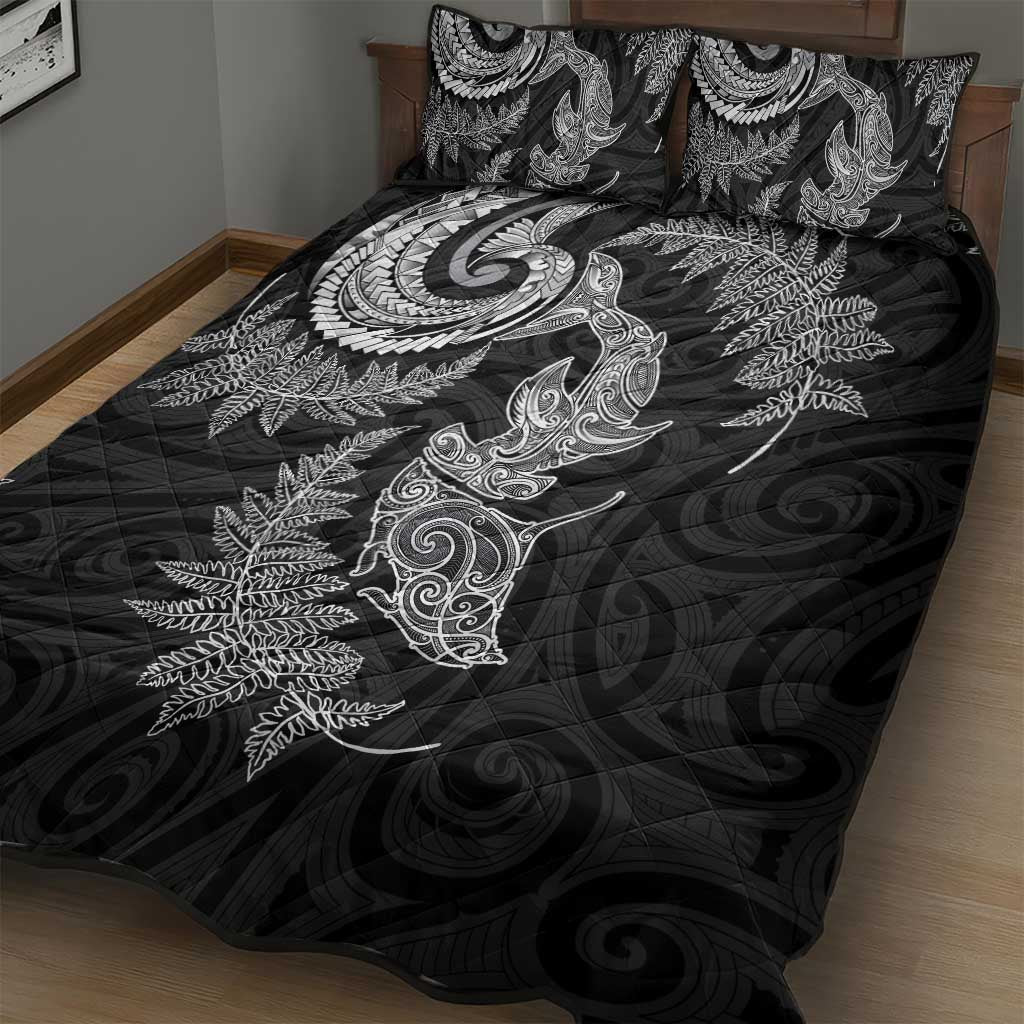 New Zealand Sea Animals with Maori Tribal Tattoo Quilt Bed Set Shark Manta Ray with Silver Fern Black LT03 - Polynesian Pride