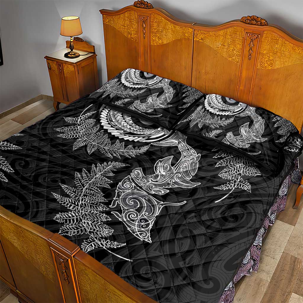 New Zealand Sea Animals with Maori Tribal Tattoo Quilt Bed Set Shark Manta Ray with Silver Fern Black LT03 - Polynesian Pride