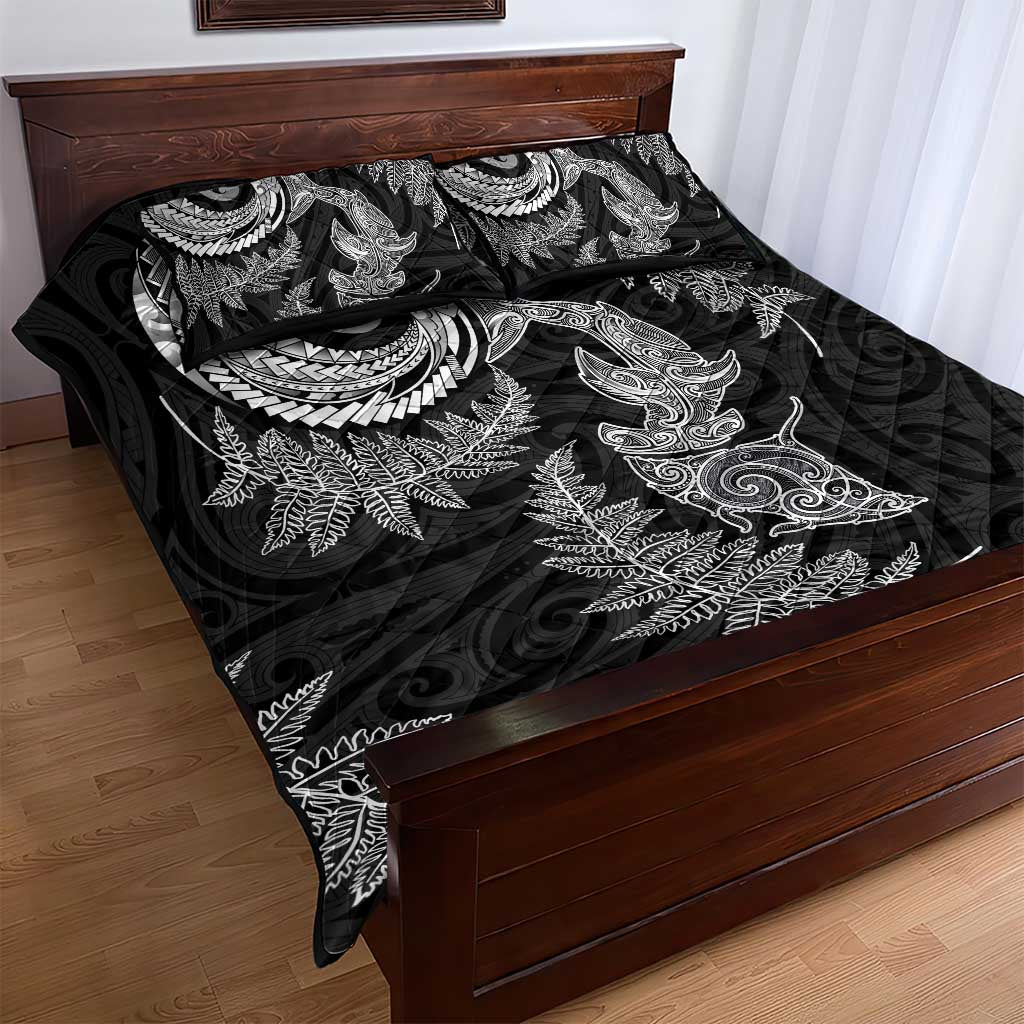 New Zealand Sea Animals with Maori Tribal Tattoo Quilt Bed Set Shark Manta Ray with Silver Fern Black LT03 - Polynesian Pride