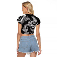 New Zealand Sea Animals with Maori Tribal Tattoo Raglan Cropped T Shirt Shark Manta Ray with Silver Fern Black LT03 - Polynesian Pride