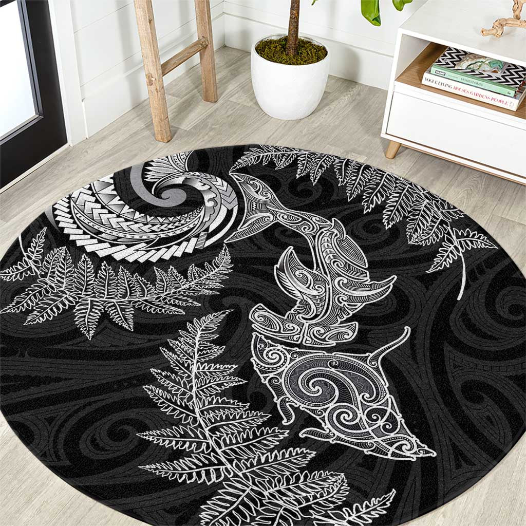 New Zealand Sea Animals with Maori Tribal Tattoo Round Carpet Shark Manta Ray with Silver Fern Black LT03 Black - Polynesian Pride