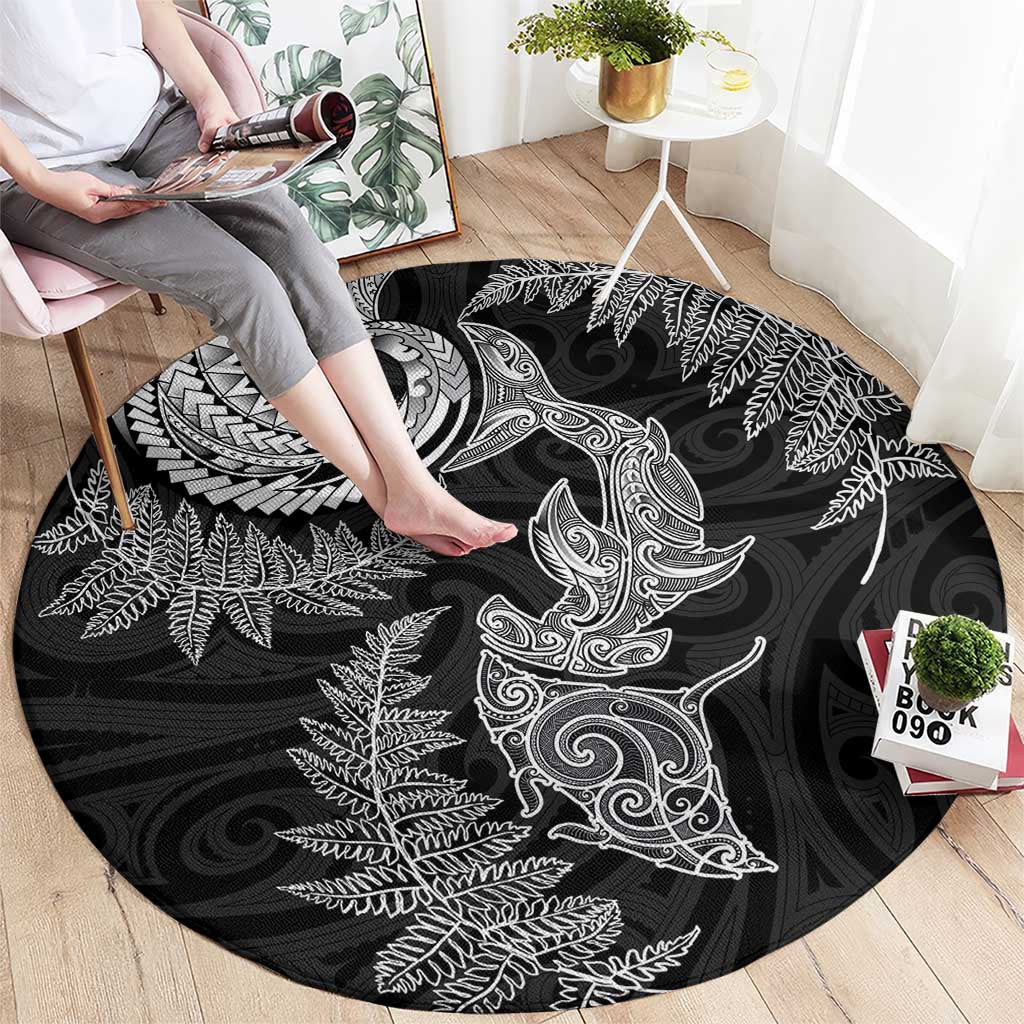 New Zealand Sea Animals with Maori Tribal Tattoo Round Carpet Shark Manta Ray with Silver Fern Black LT03 - Polynesian Pride