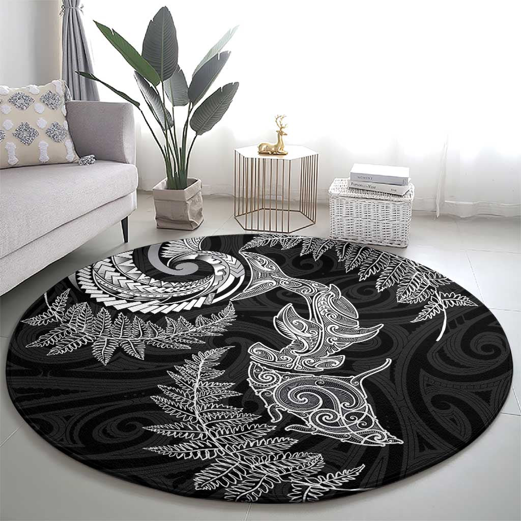 New Zealand Sea Animals with Maori Tribal Tattoo Round Carpet Shark Manta Ray with Silver Fern Black LT03 - Polynesian Pride
