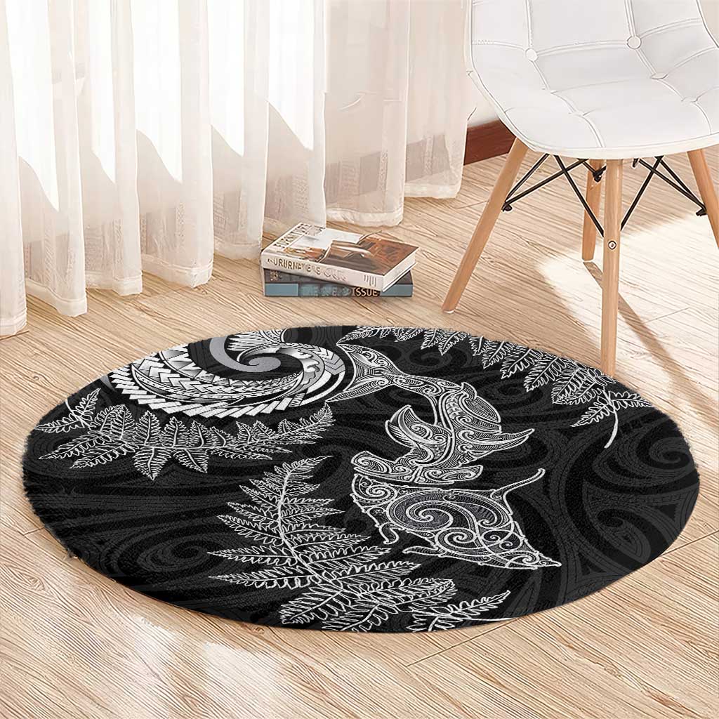 New Zealand Sea Animals with Maori Tribal Tattoo Round Carpet Shark Manta Ray with Silver Fern Black LT03 - Polynesian Pride