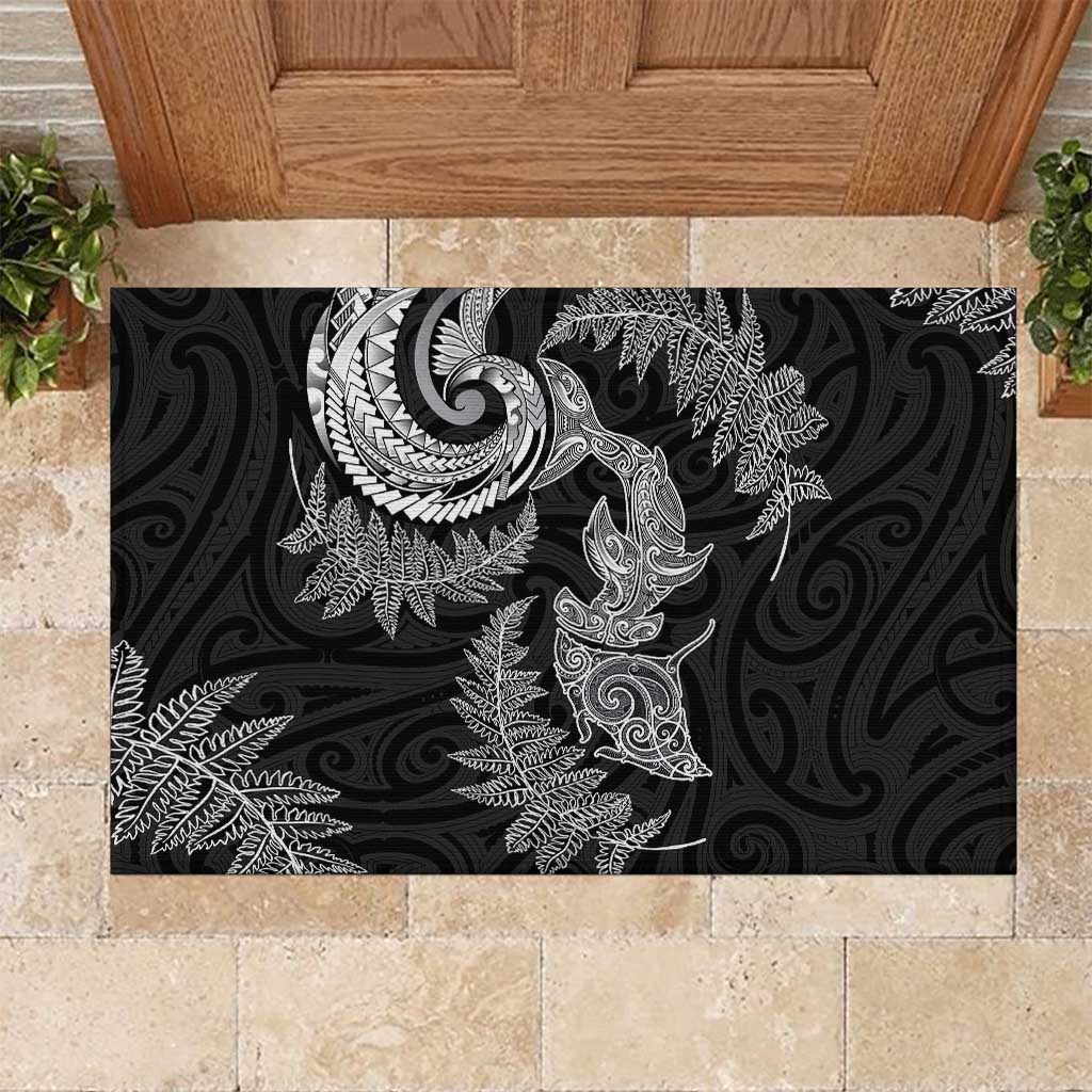 New Zealand Sea Animals with Maori Tribal Tattoo Rubber Doormat Shark Manta Ray with Silver Fern Black LT03 Black - Polynesian Pride