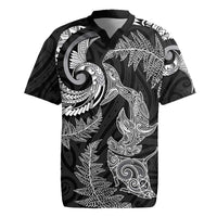 New Zealand Sea Animals with Maori Tribal Tattoo Rugby Jersey Shark Manta Ray with Silver Fern Black LT03 Black - Polynesian Pride
