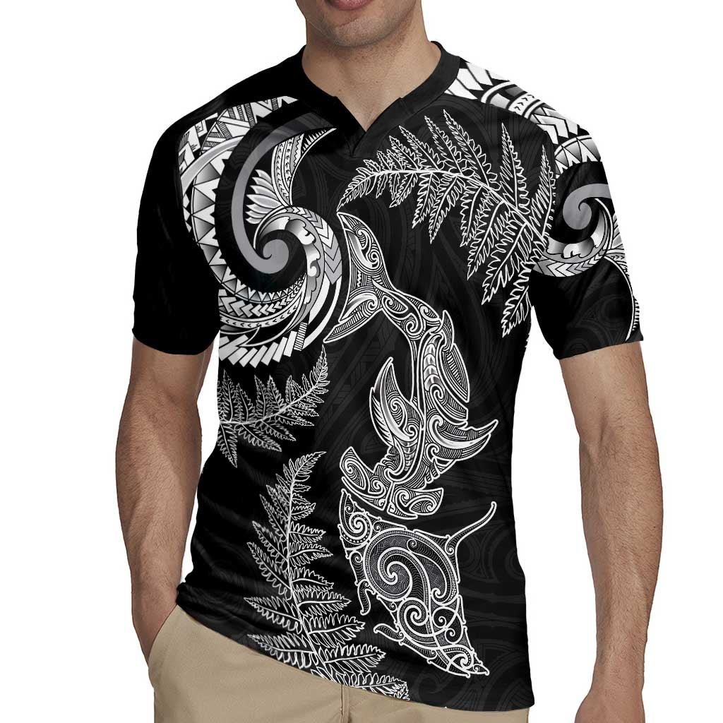 New Zealand Sea Animals with Maori Tribal Tattoo Rugby Jersey Shark Manta Ray with Silver Fern Black LT03 - Polynesian Pride