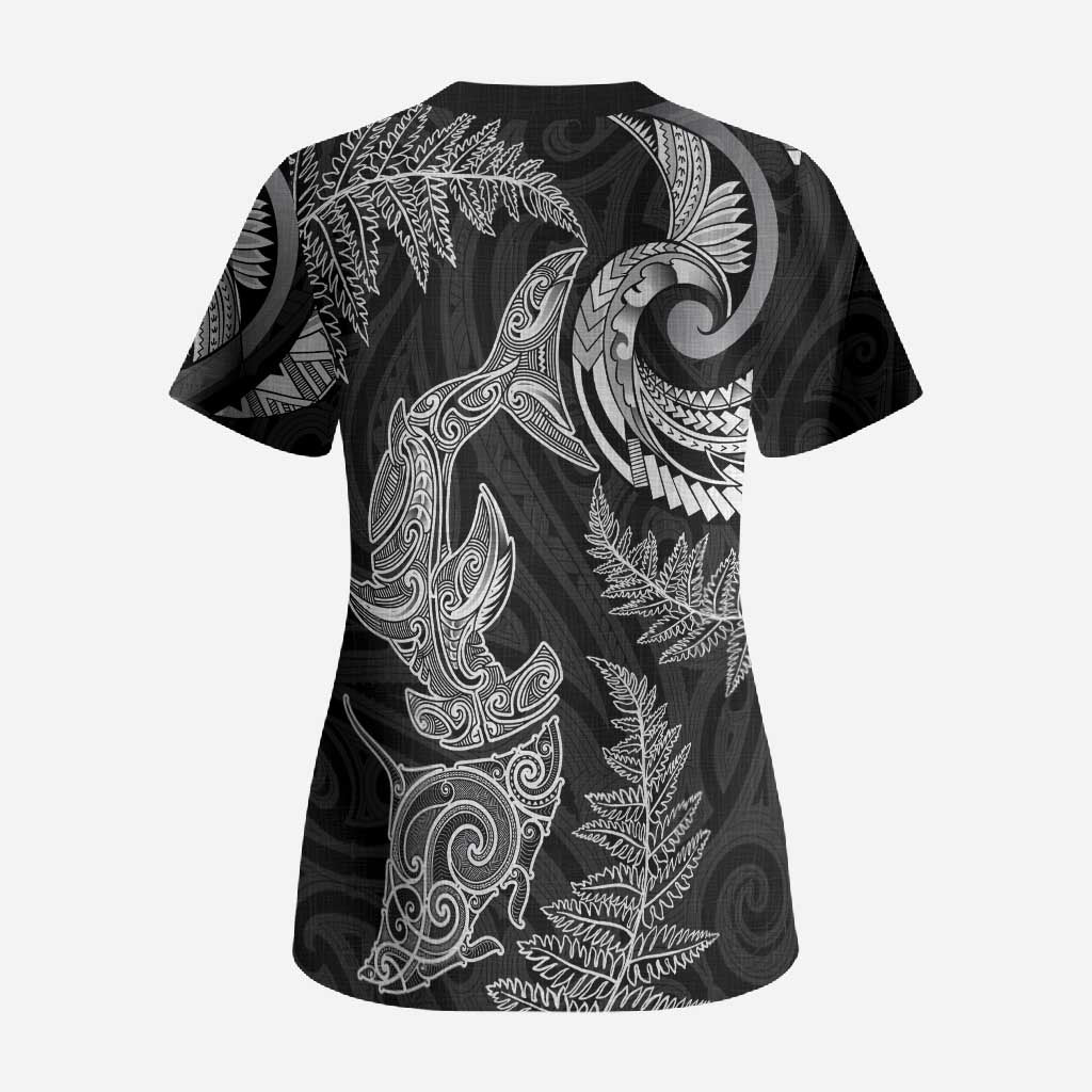 New Zealand Sea Animals with Maori Tribal Tattoo Scrub Top Shark Manta Ray with Silver Fern Black LT03 - Polynesian Pride