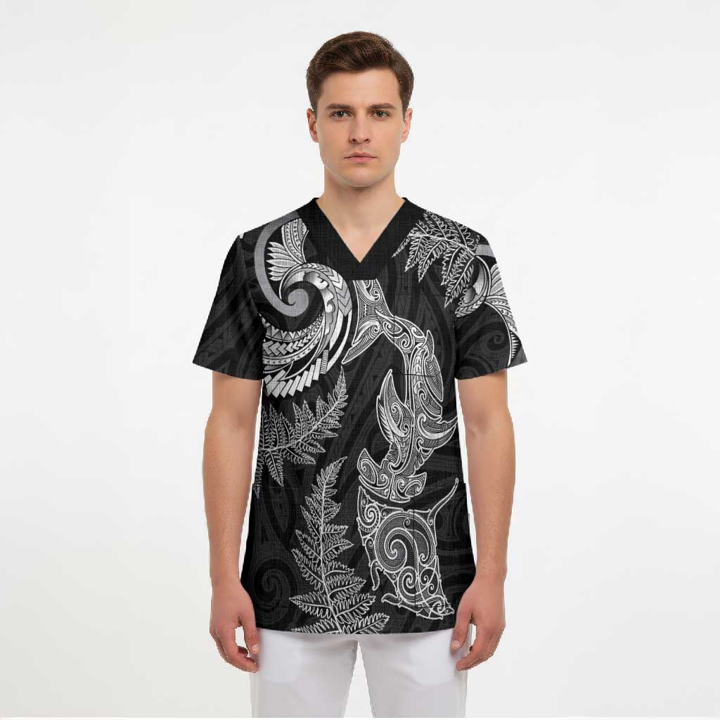 New Zealand Sea Animals with Maori Tribal Tattoo Scrub Top Shark Manta Ray with Silver Fern Black LT03 - Polynesian Pride