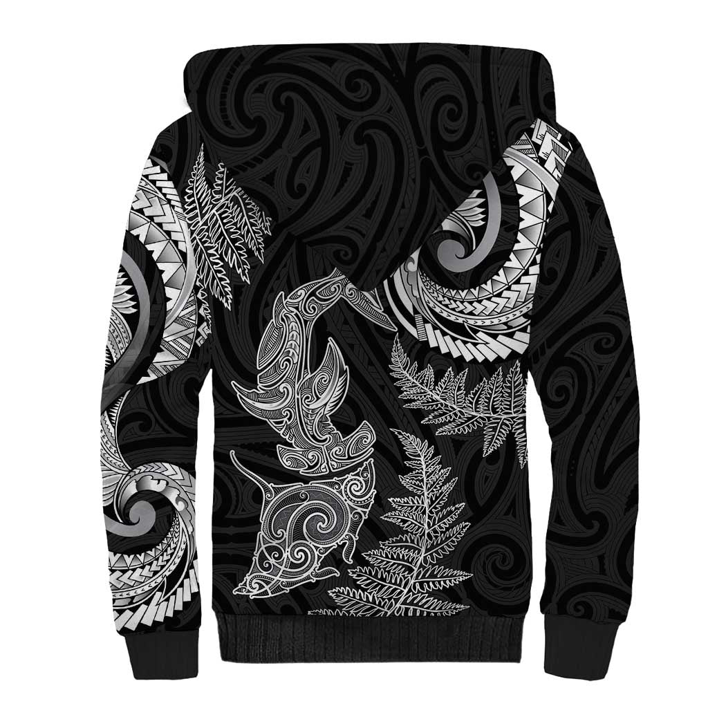 New Zealand Sea Animals with Maori Tribal Tattoo Sherpa Hoodie Shark Manta Ray with Silver Fern Black LT03 - Polynesian Pride