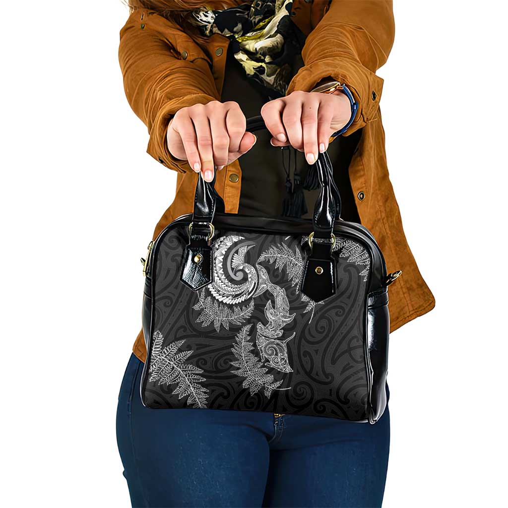New Zealand Sea Animals with Maori Tribal Tattoo Shoulder Handbag Shark Manta Ray with Silver Fern Black