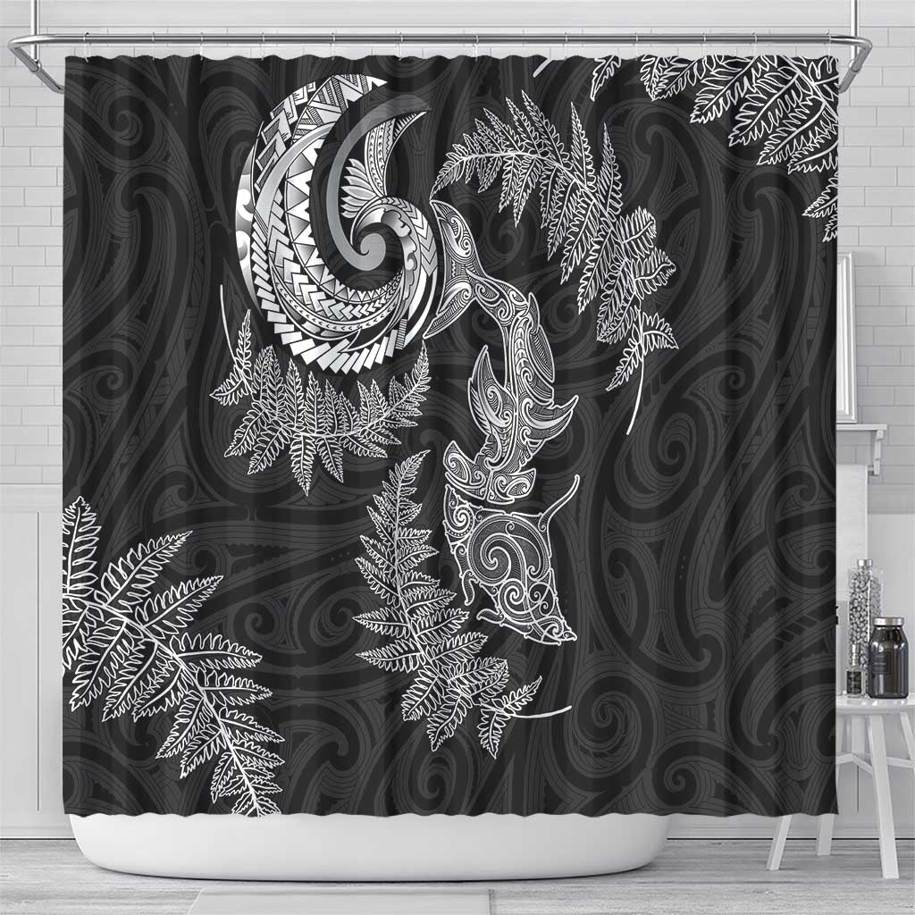 New Zealand Sea Animals with Maori Tribal Tattoo Shower Curtain Shark Manta Ray with Silver Fern Black LT03 - Polynesian Pride