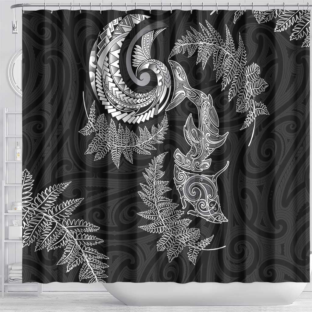 New Zealand Sea Animals with Maori Tribal Tattoo Shower Curtain Shark Manta Ray with Silver Fern Black LT03 - Polynesian Pride