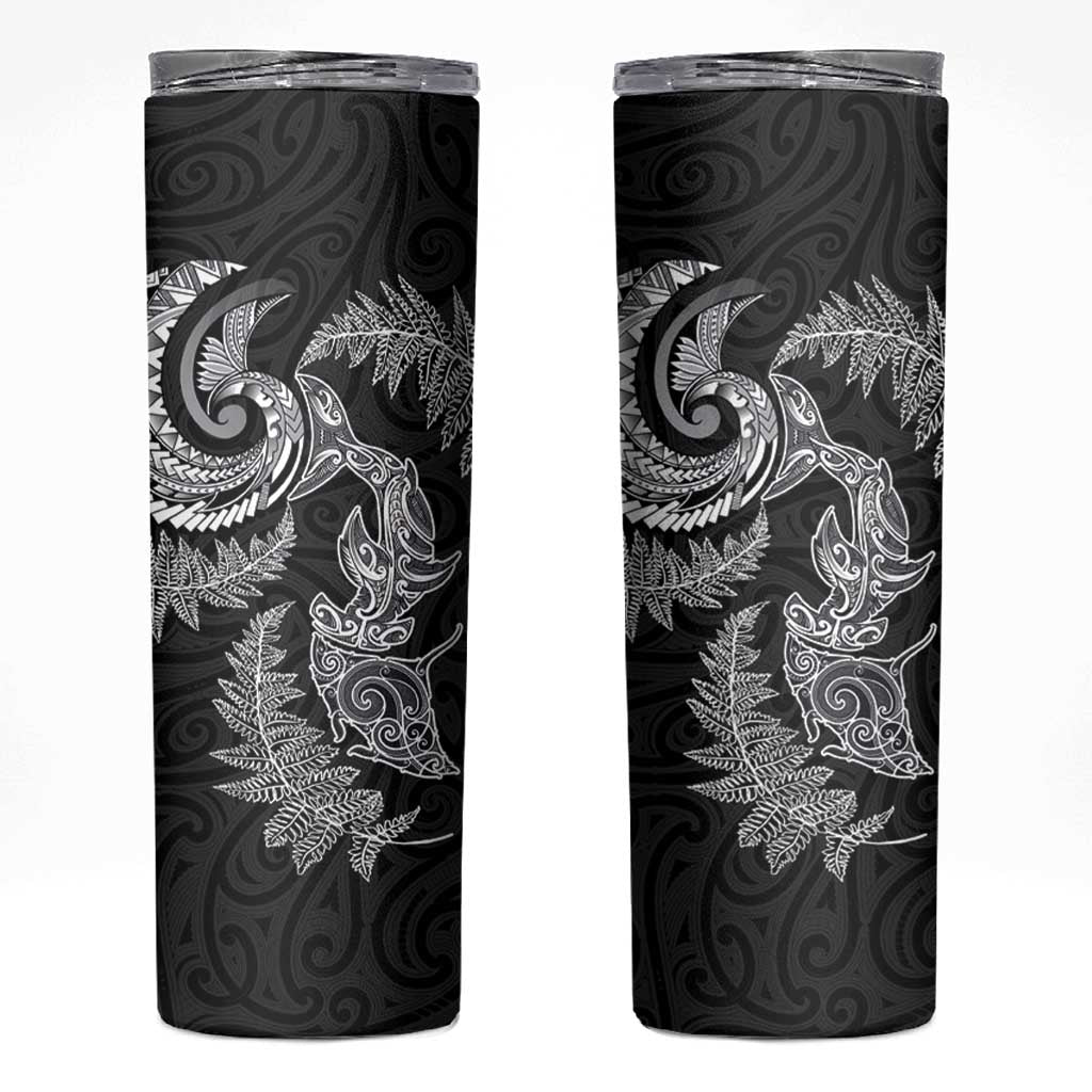 New Zealand Sea Animals with Maori Tribal Tattoo Skinny Tumbler Shark Manta Ray with Silver Fern Black LT03 Black - Polynesian Pride