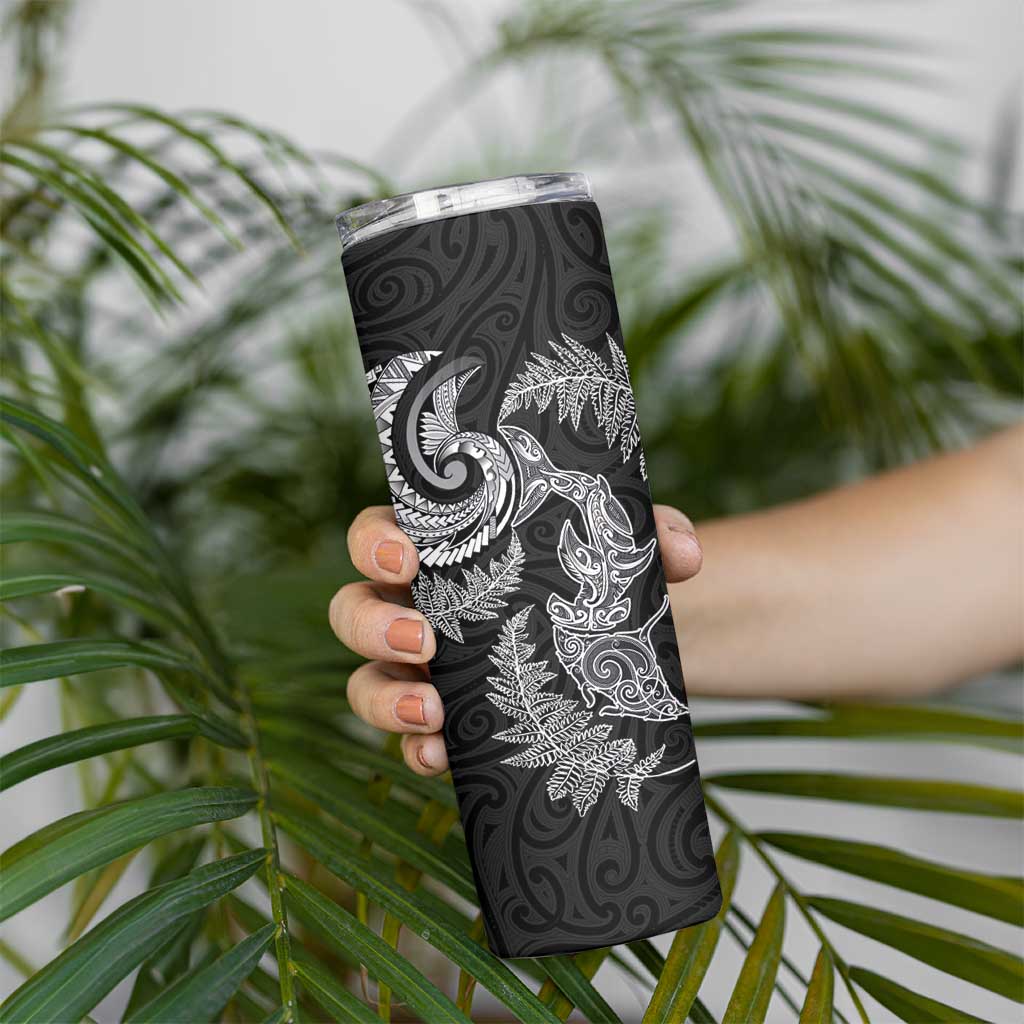 New Zealand Sea Animals with Maori Tribal Tattoo Skinny Tumbler Shark Manta Ray with Silver Fern Black LT03 - Polynesian Pride