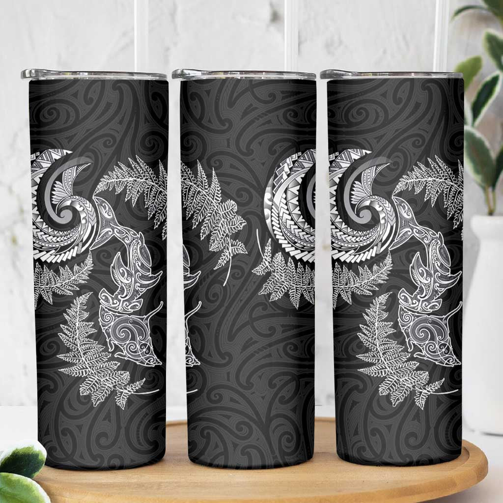 New Zealand Sea Animals with Maori Tribal Tattoo Skinny Tumbler Shark Manta Ray with Silver Fern Black LT03 - Polynesian Pride