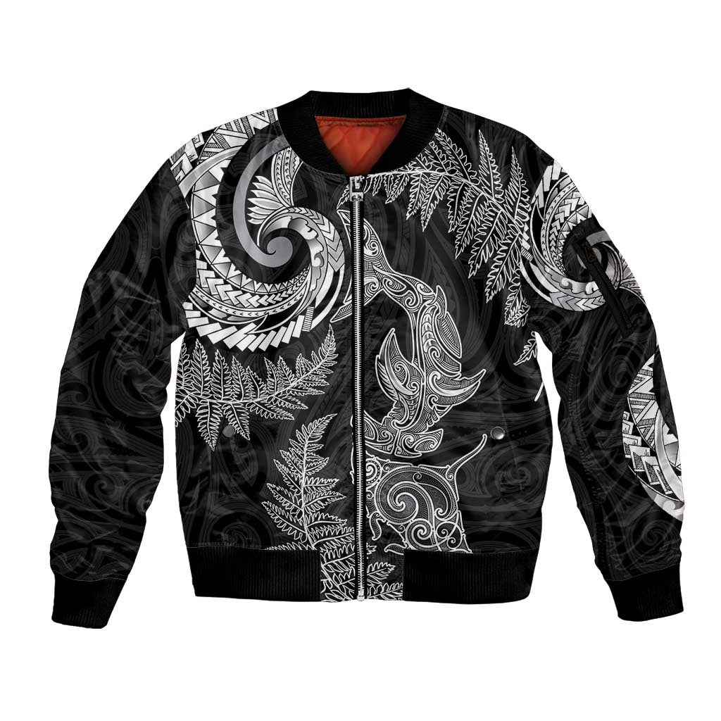 New Zealand Sea Animals with Maori Tribal Tattoo Sleeve Zip Bomber Jacket Shark Manta Ray with Silver Fern Black LT03 Unisex Black - Polynesian Pride