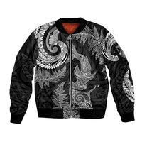 New Zealand Sea Animals with Maori Tribal Tattoo Sleeve Zip Bomber Jacket Shark Manta Ray with Silver Fern Black LT03 Unisex Black - Polynesian Pride