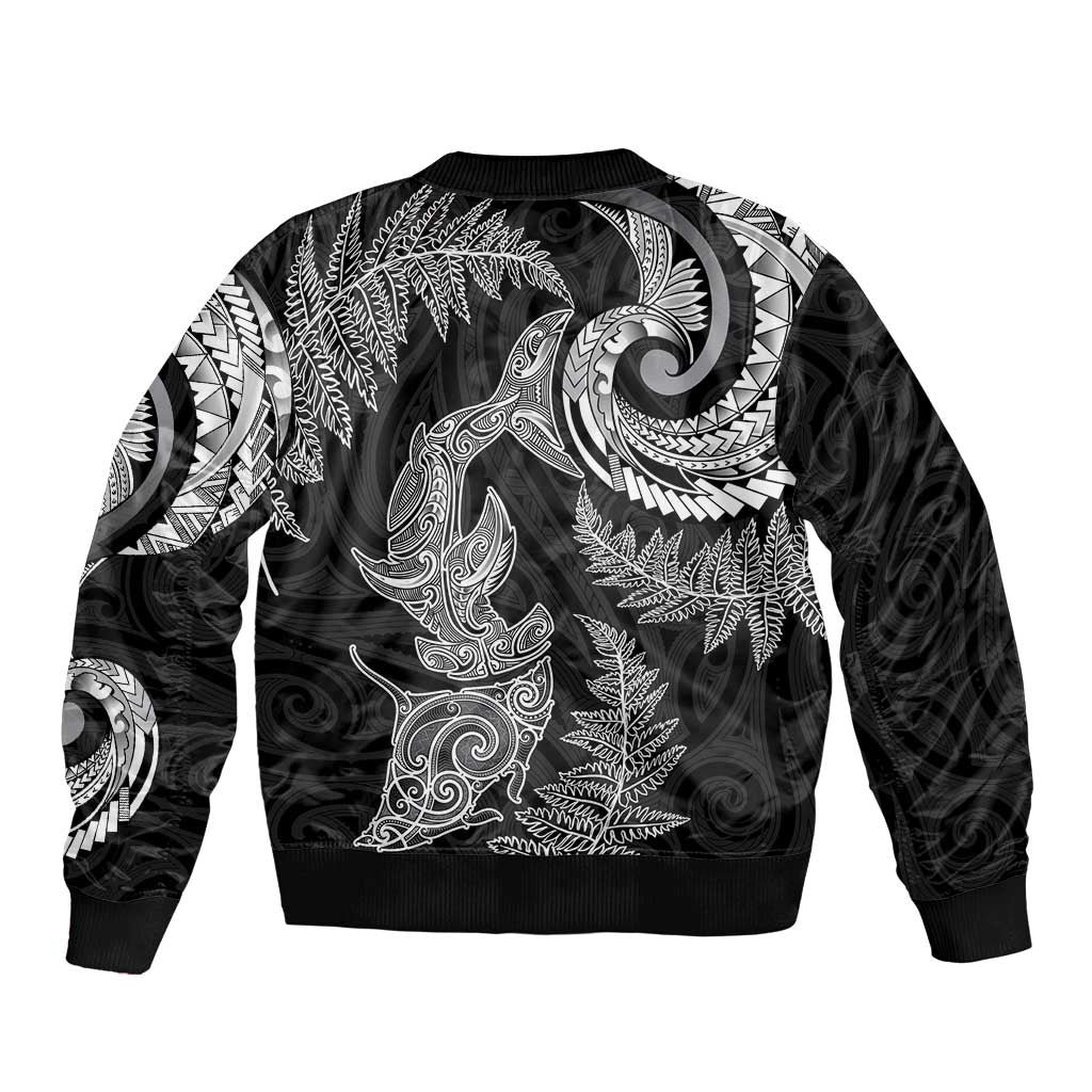 New Zealand Sea Animals with Maori Tribal Tattoo Sleeve Zip Bomber Jacket Shark Manta Ray with Silver Fern Black LT03 - Polynesian Pride
