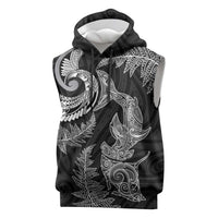 New Zealand Sea Animals with Maori Tribal Tattoo Sleeveless Hoodie Shark Manta Ray with Silver Fern Black LT03 Black - Polynesian Pride