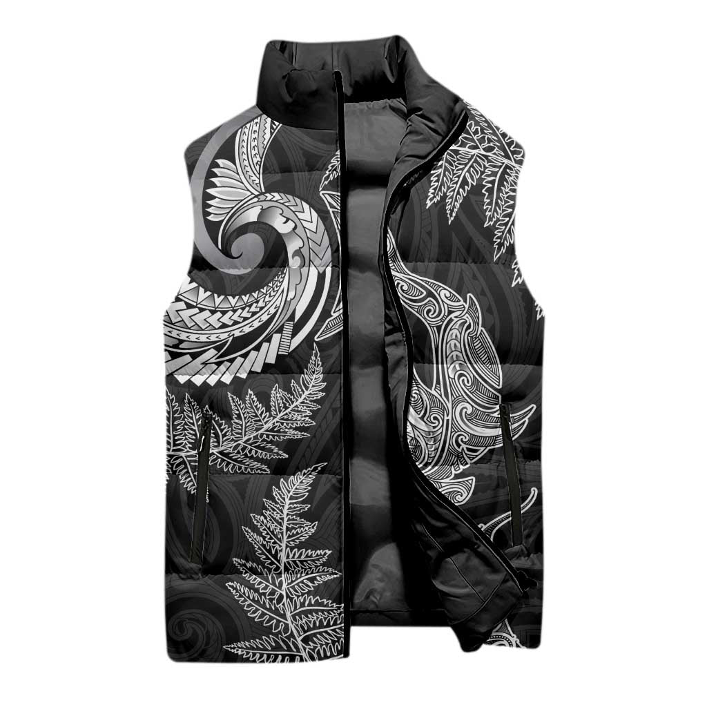 New Zealand Sea Animals with Maori Tribal Tattoo Sleeveless Puffer Jacket Shark Manta Ray with Silver Fern Black LT03 - Polynesian Pride