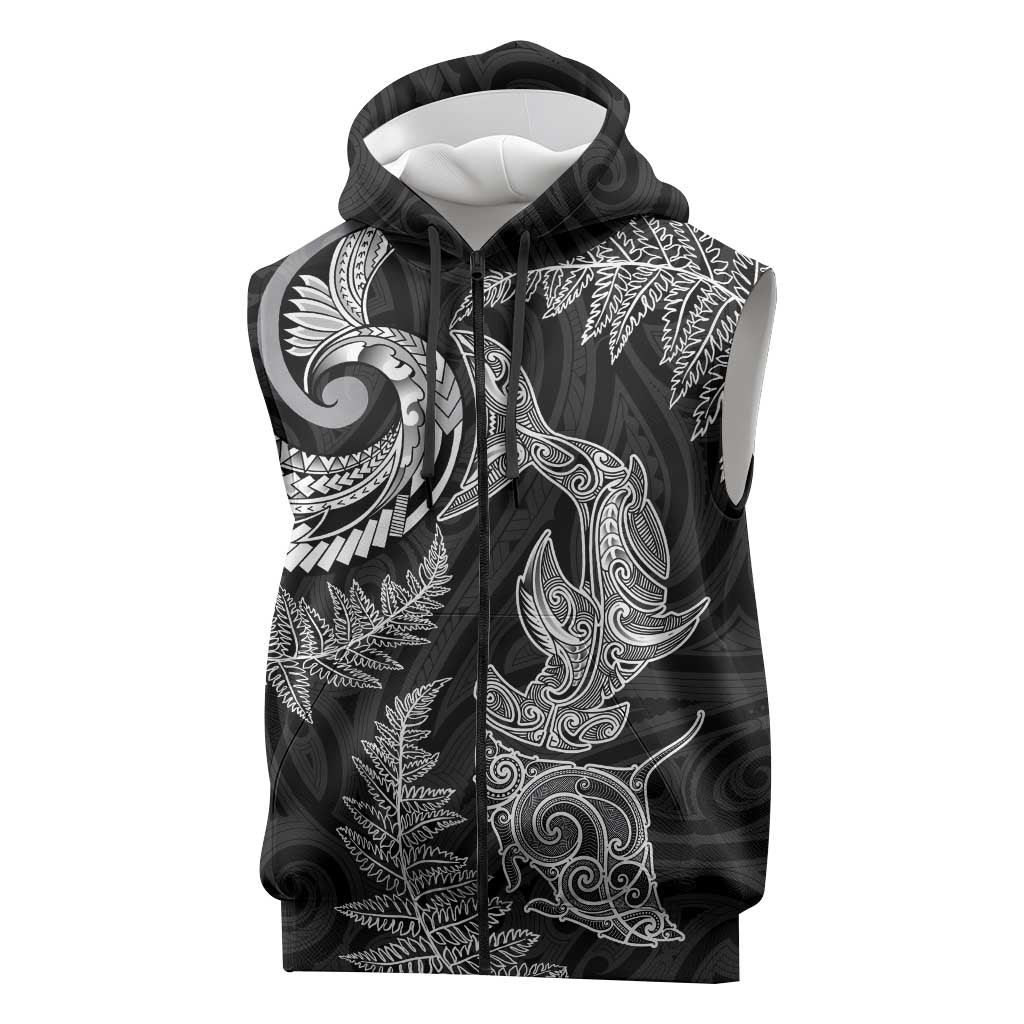 New Zealand Sea Animals with Maori Tribal Tattoo Sleeveless Zip Hoodie Shark Manta Ray with Silver Fern Black LT03 Black - Polynesian Pride